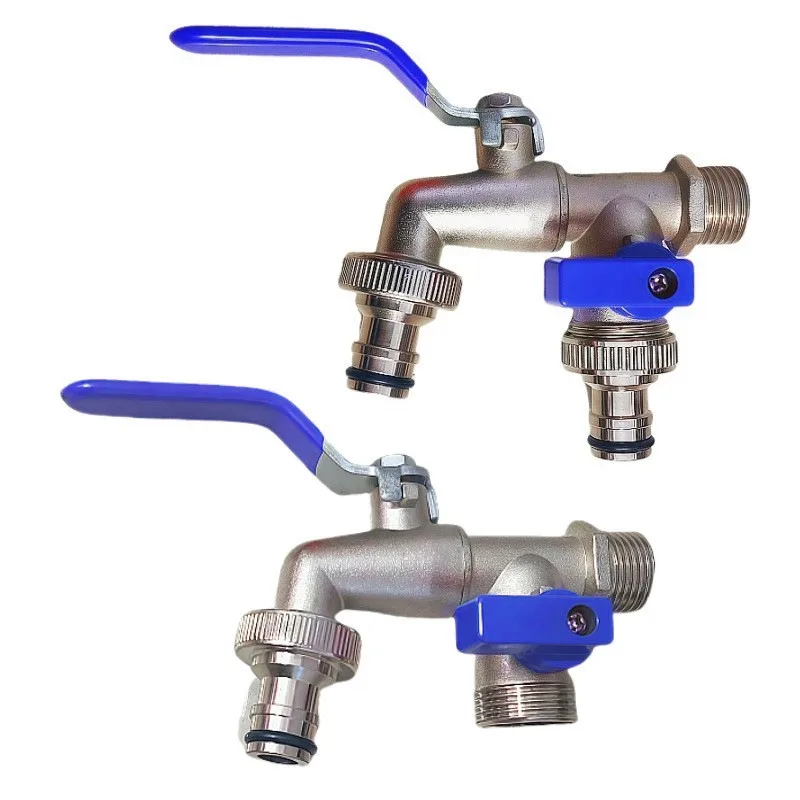 Zinc Alloy 4 Inch Dual Outlet Water Tap Multi Purpose Garden Washing Machine Connector Tap Blue Color