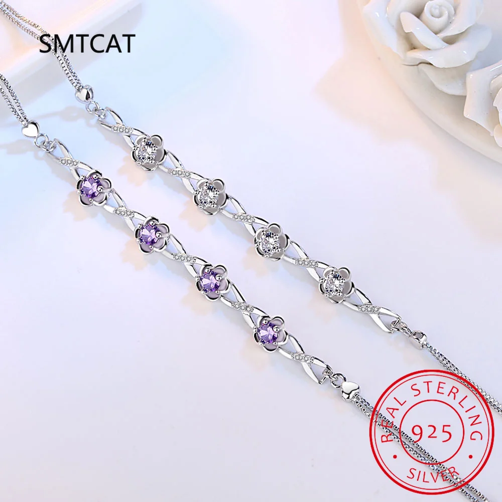 Flower Natural Amethyst 925 Sterling Silver Infinity Love Bracelet for Women Purple Gemstone Statement Jewelry Pulseiras Prata