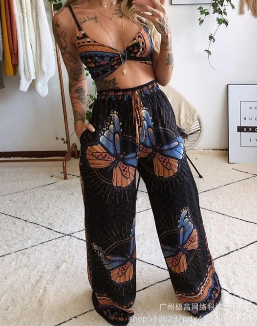 Women Sexy suits 2024 Spring/summer Latest Charming V-Neck Printed Twisted Sleeveles Top Wide Leg Pants Long Pants Two Piece Set