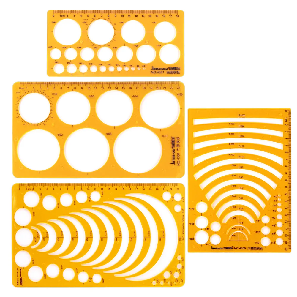 4-piece set of plastic orange disc radius arc main engraving circular geometric figure measuring template drawing ruler