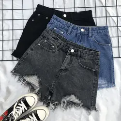 Denim Shorts Women Summer Korean Fashion Ripped Holes High Waist Short Jeans Female Casual Streetwear Shorts Female