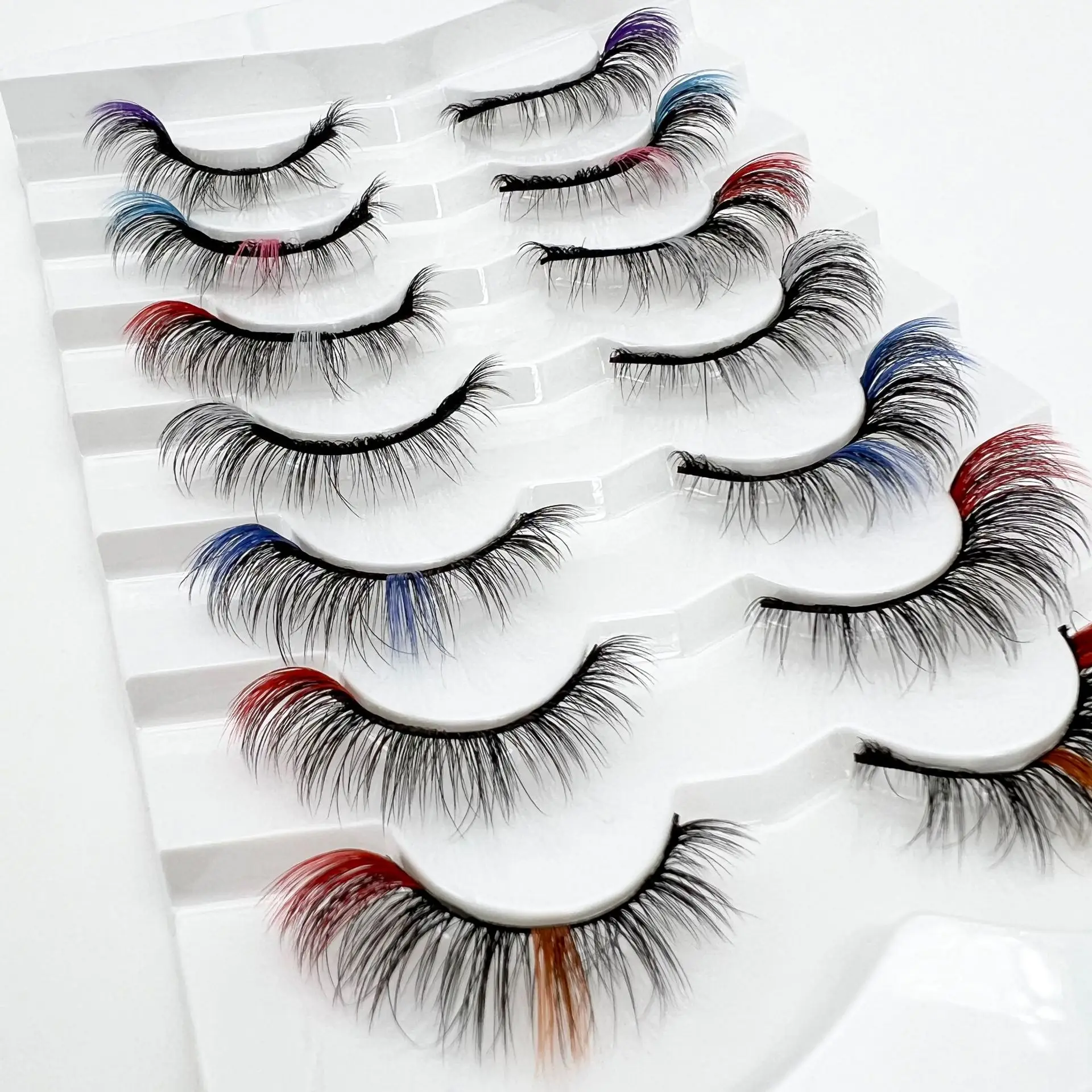 Colorful Fake Eyelash European American Synthetic Fiber 7pairs Cat Eye Thick Winged Eyelashes Bulk