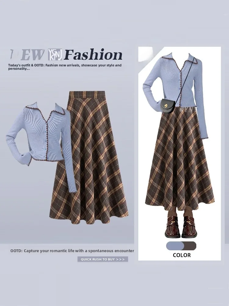 

Фиолетовый вязаный комплект: кардиган и юбка миди для женщин, осенне-зимний модный ансамбль с эффектом похудения, клетчатый узор, широкий подол