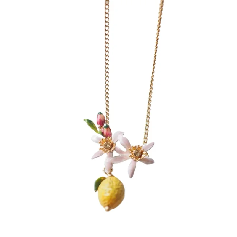 

Y French handmade enamel, lovely lemon golden fruit, fringed earrings, necklace