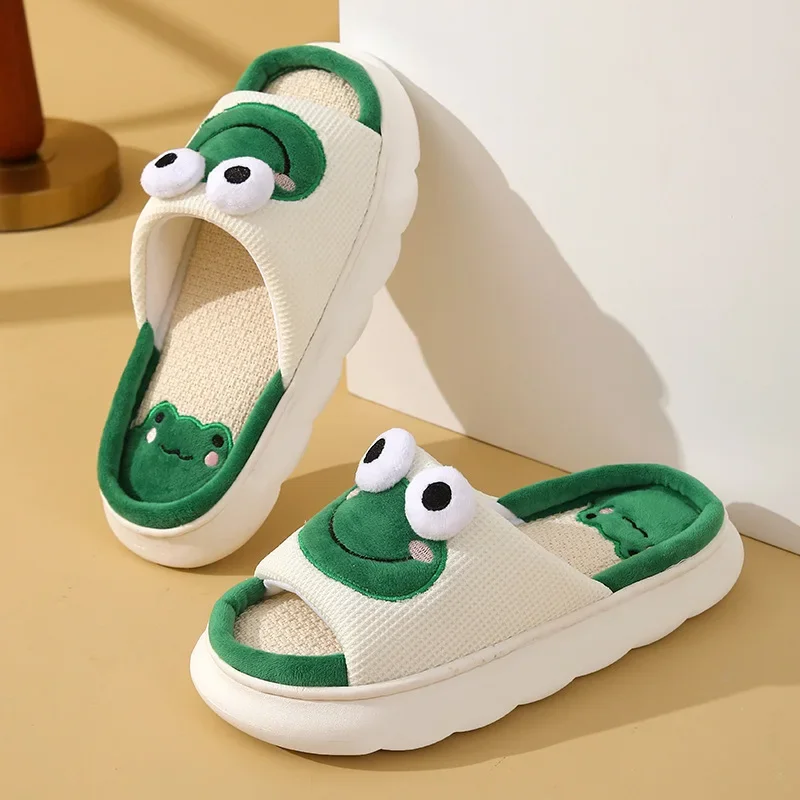 Frog cow shoes for women summer Cute Slippers Linen indoor non-slip thick Cartoon sandals flip flops kawaii clapper House Ladies