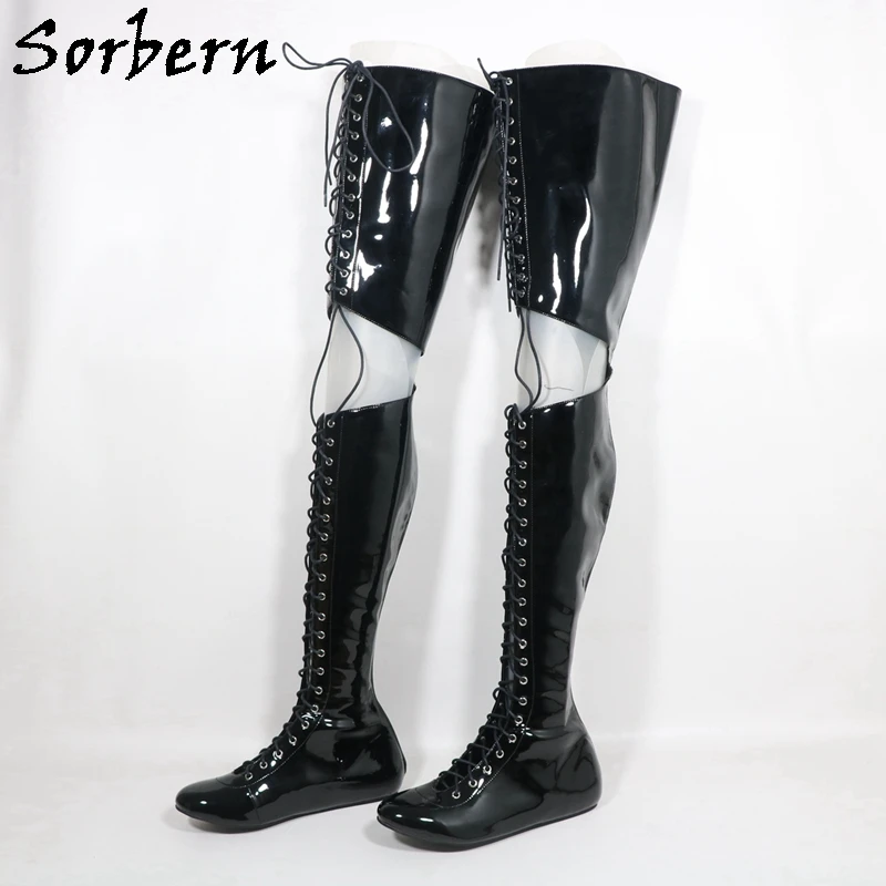 Sorbern Black Patent Flat Heel Sneaker Women Round Toe Crotch Thigh High Boots For Women Slim Leg Fit