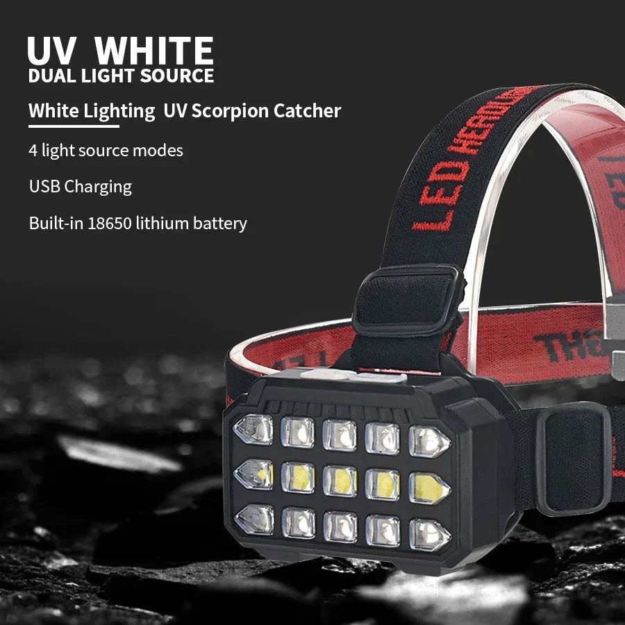 

E2 UV+White Light Dual-use LED Headlamp Fishing Headlight USB Rechargeable Headlamp Waterproof Outdoor Camping Hiking Flashlight