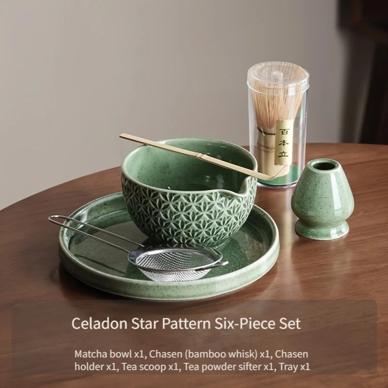 Juego Matcha japonés de 2/5/6 piezas, tazón de té con patrón verde, agitador de bambú, cuchara y filtro, ceremonia de té tradicional japonesa