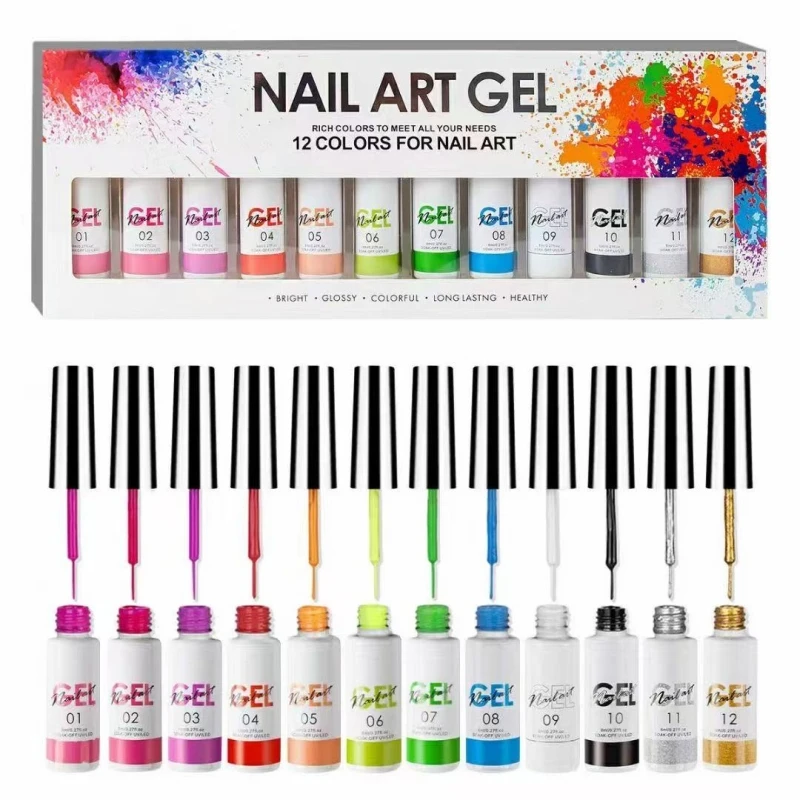 12 Color 8ML Nail Art Gel Polish Kit Soak Off UV/LED Semi Permanent Liner Varnish Gel Nail Polish Lacquer Salon Painting Designs