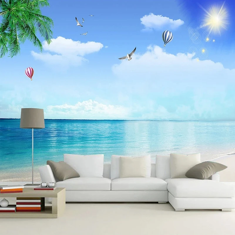 

3D Photo Mural Canvas Wallpaper for Wall Sea Beach Scenery Seagull Coconut Painting TV Background Home Decor Papers Personalized