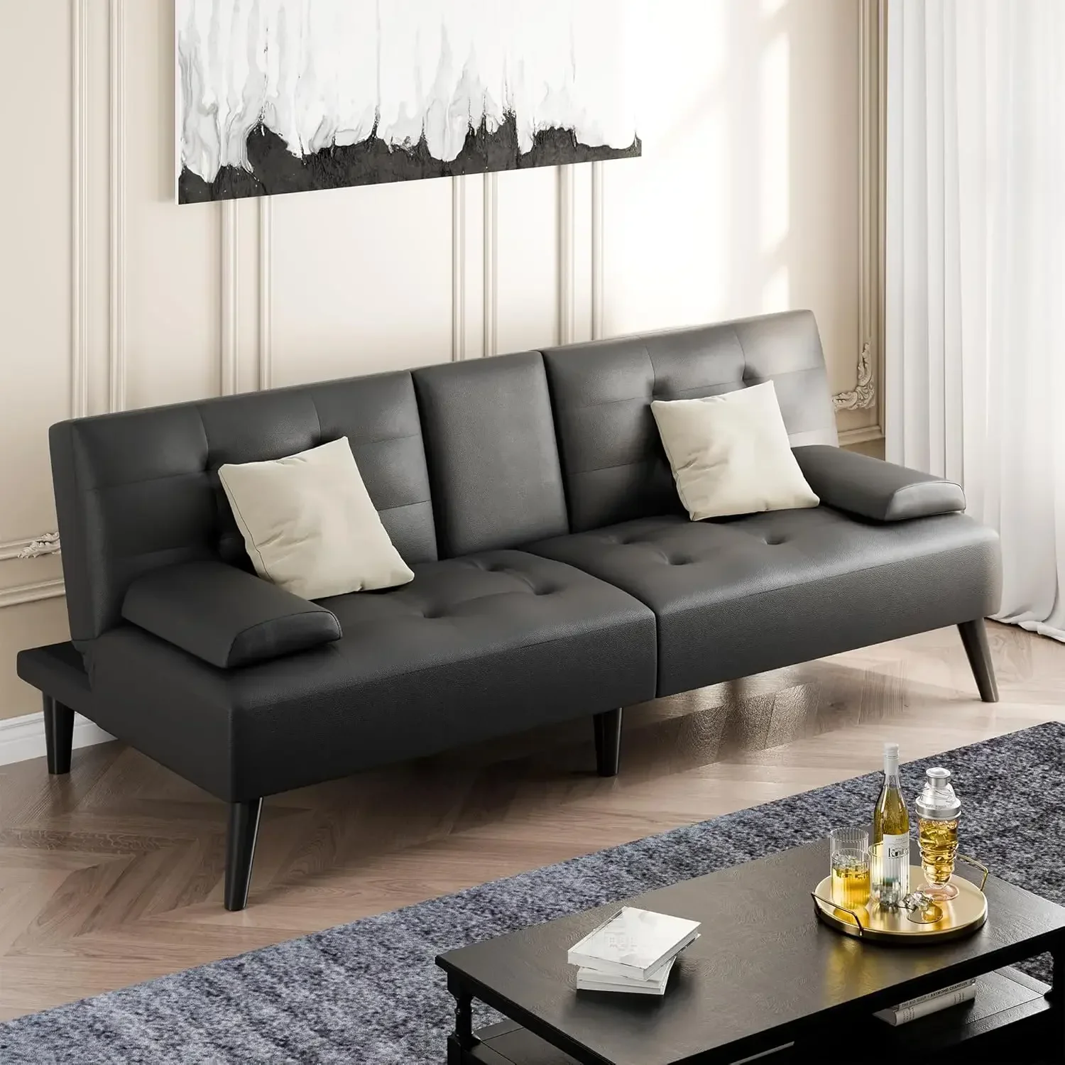 

Futon Sofa Bed, Leather Foldable Couch, Reclining Sleeper w/Removable Armrests, Upholstered Loveseat w/Folding Cup Holders for H