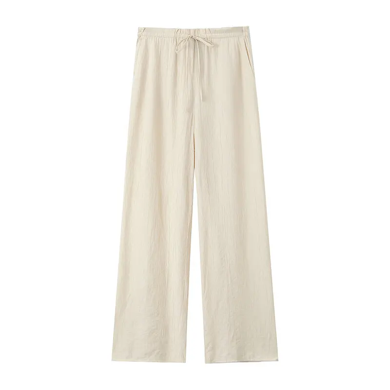 กางเกงขายาวทรงตรงเอวสูงผ้ามีเท็กซ์เจอร์แฟชั่นผู้หญิงฤดูร้อนมาใหม่กางเกงลำลองอเนกประสงค์กางเกงขายาวเอวสูง