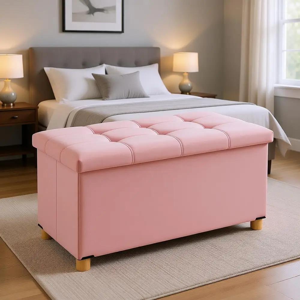 

30 Velvet Ottoman Bench with Wooden Legs, Supports 350lbs, Ideal for Bedroom, Living Room, Hallway in Pink