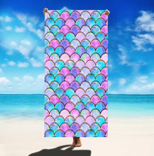 Swimming Bath Towel Microfiber Mermaid Fish Scale Pattern Thin Absorbent Extra Large Towel for Swimming Camping Yoga Bath Sports