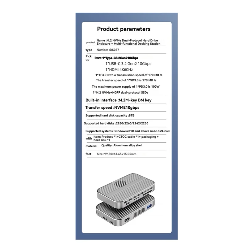 ABHE – kompatibles 4K60HZ magnetisches M. 2 Nvme SSD-Gehäuse, USB-C-Dockingstation, 10 Gbit/s, Lüfter SD/TF PD 100 W