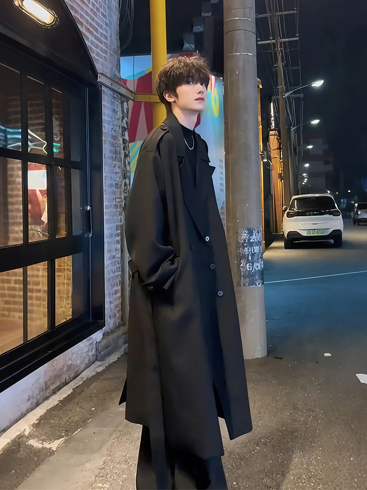 

Корейская мужская ветровка средней длины, двубортная, повседневная, выше колена, для офиса, осенняя мода