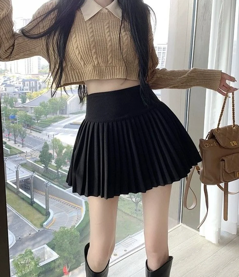 High Waist Slim Pleated Ins Solid Mini Skirt Womens Spring Summer New Fashion A-line Short Skists  Femeale All-Match Skirts