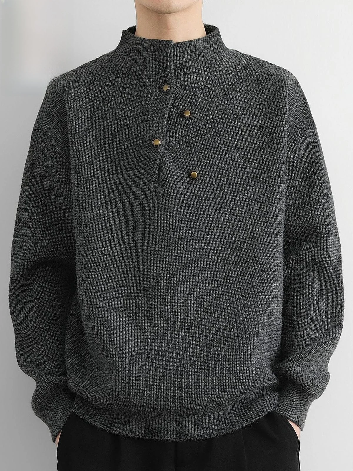 

Мужской трикотажный джемпер с высоким воротником на пуговицах, зимний повседневный базовый слой, мягкий, из смеси полиэстера и нейлона