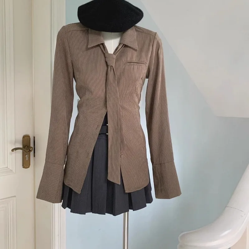 HOUZHOU 2024 Spring Striped Shirts with Tie Long Sleeve Vintage Slim Women Blouse Korean Fashion Aesthetic Old Money Clothes