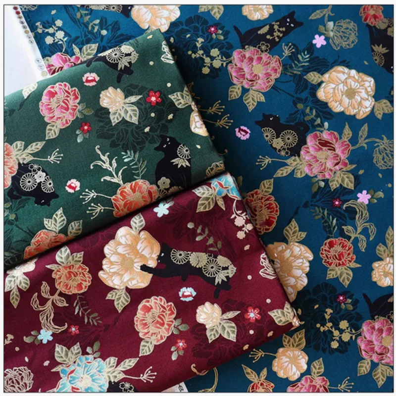 

Thicken Cotton Fabrics With Gilt Rose Black Cat Print, Handmade DIY Bag Cloth Material 100% Cotton CR-174