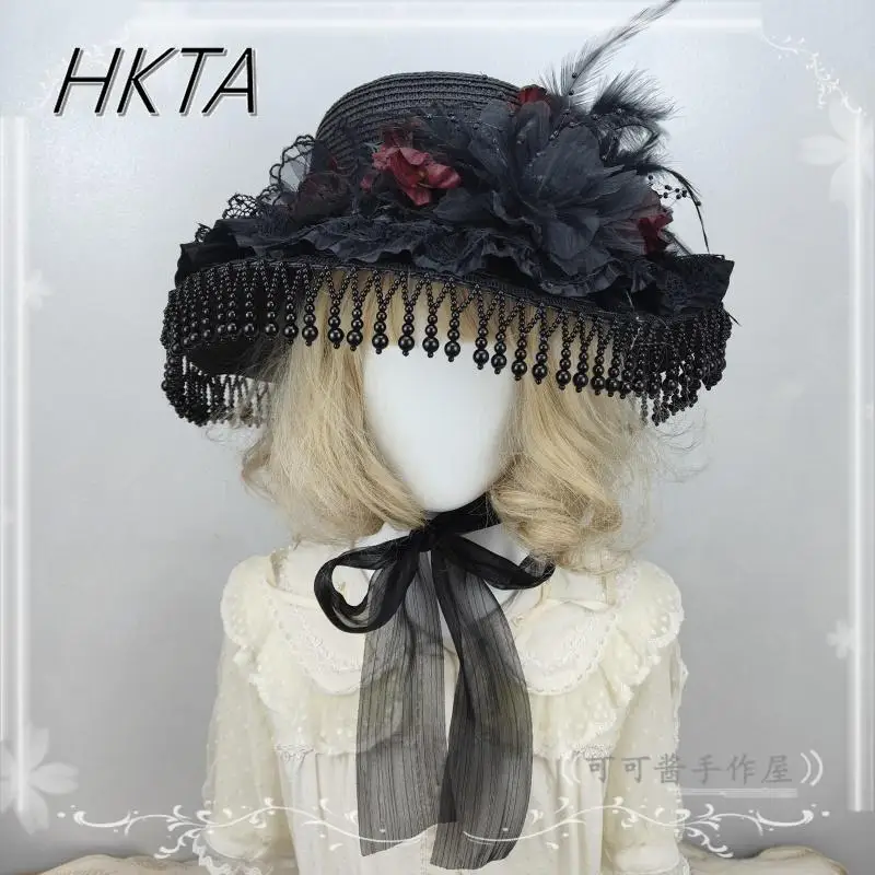 ロリータエレガントな黒帽子ヘアアクセサリー女性ヴィンテージダークフラワーストラップハロウィンコスプレ羽パールフリンジ帽子 Y2k キャップ