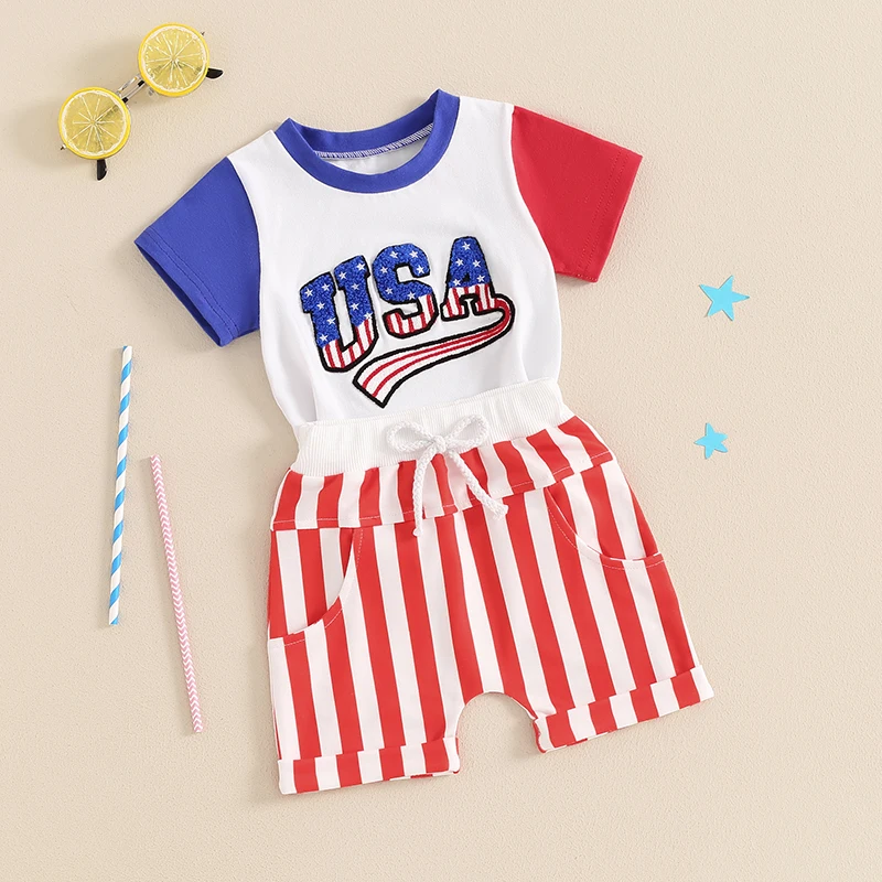 Toddler Boy 4th of July Outfit Letter Embroidery Short Sleeve T-Shirt with Stripe Shorts for Independence Day