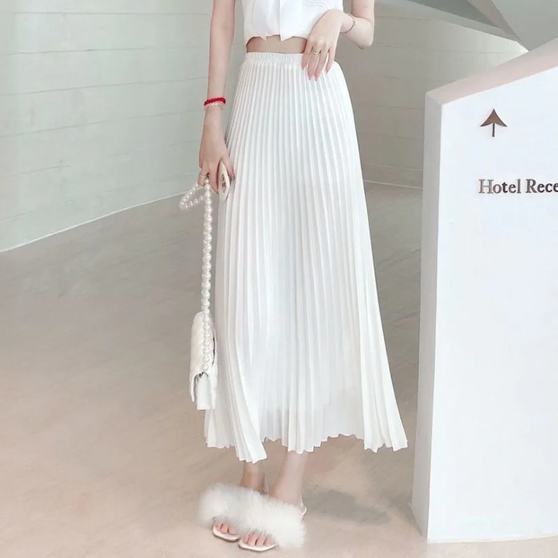 Casual Solid Color Pleated 2023 New Ice Silk  Skirt with Dropping A-line Large Swing Mid Length Slim Fairy Lady Long Skirt