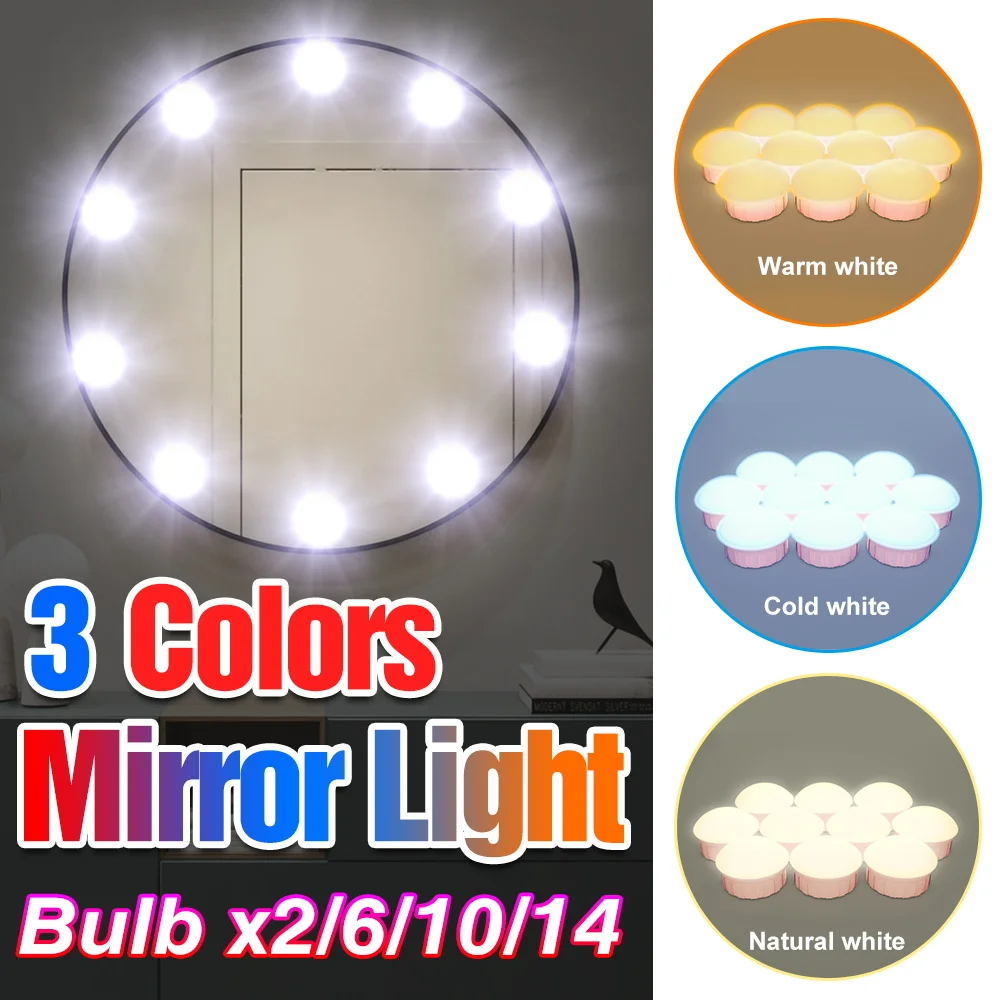 LED Mirror Light USB Dressing Table Bulb Bathroom 5V Hollywood 3 Colors Makeup Lamp Dimmable Bedroom Decoration Fill Lighting