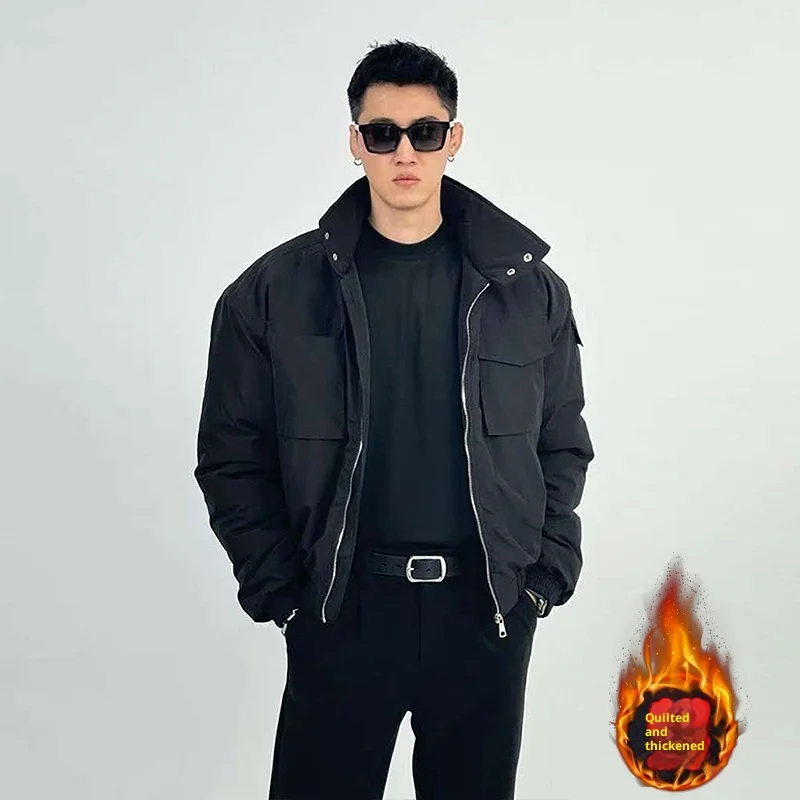 Mens Short Bomber Jacket Winter Cotton Padded Coat Military Style Stand Collar Workwear Outerwear Parka