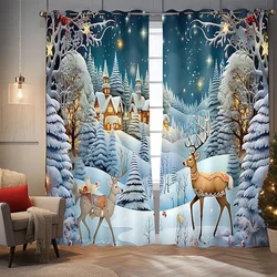 2023 Happy New Year Snow Scenery Reindeer Festival Curtains 3D Christmas Decoration Living Room Bedroom Drapes Custom