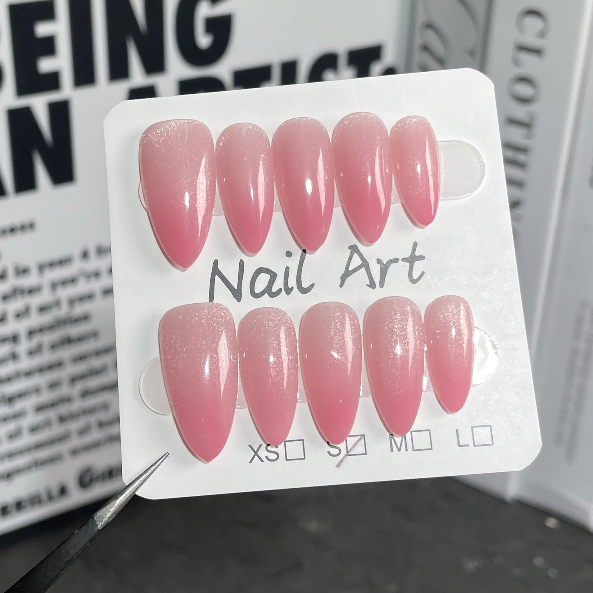 10pcs Red Handmade Press on Nails Tips Acrylic Mid-length Almond False Nails Woman Wearable Solid Color Cat's Eye Fake Nail Set