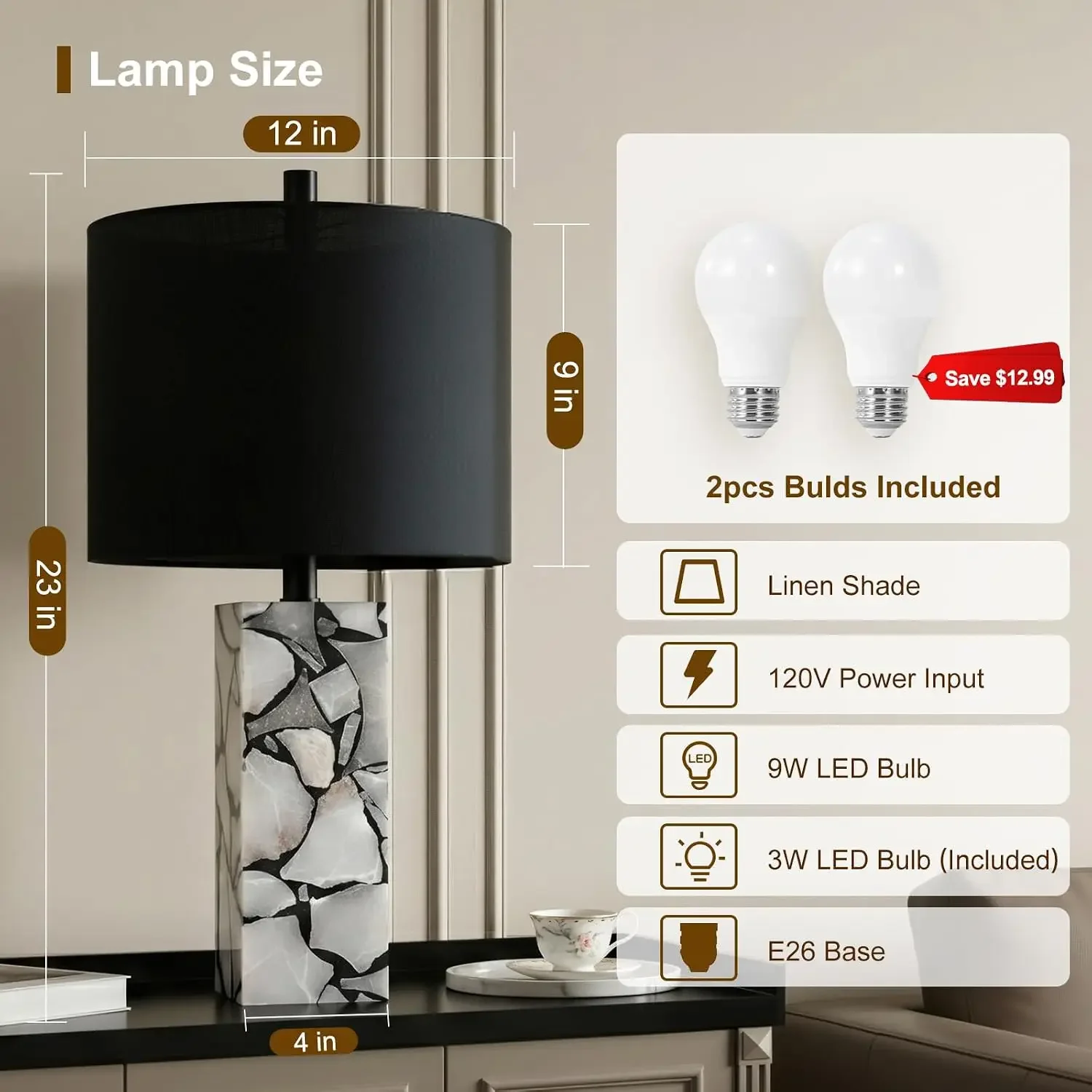 23" Alabaster Table Lamps Set of 2 with Night Light, Rotary Switch, Black Linen Shade, Bedside Lamp for Living Room, Bulb Included view 2