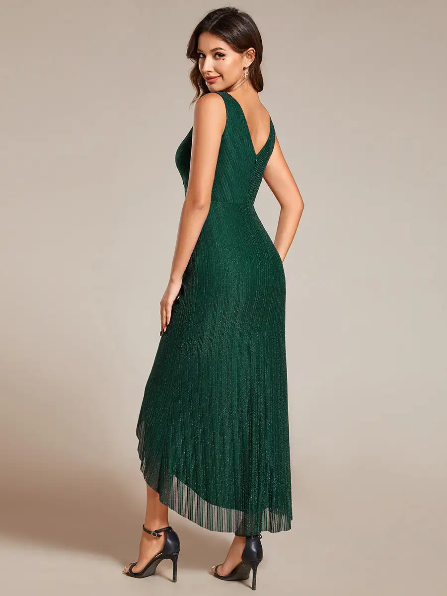 Gorgeous Evening Dresses High-Low Ruffle Mermaid with V-Neck Midi Length 2024 Ever Pretty of Dark Green Wedding Guest Dress