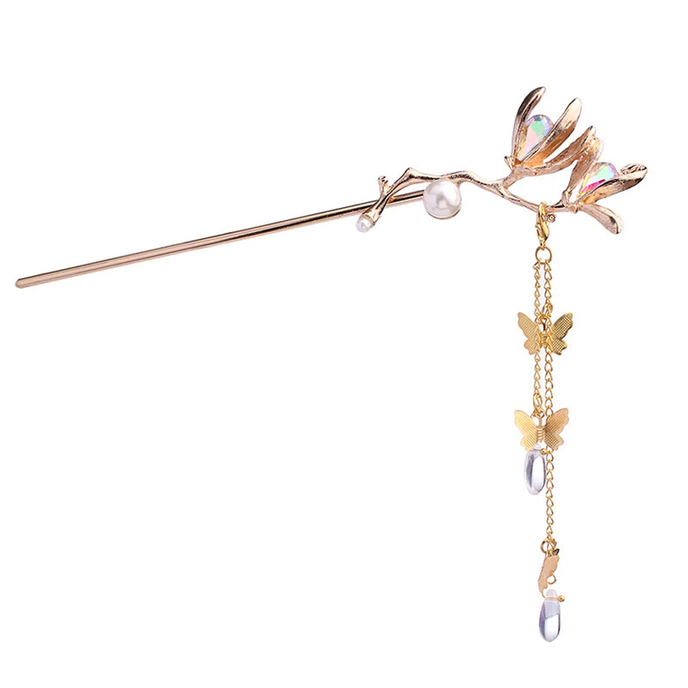 Headdress Flower Butterfly Tassel Ancient Style Crystal Plate Hair Fork Tassel Hairpin Pearl Hair Sticks Hanfu Hair Accessories