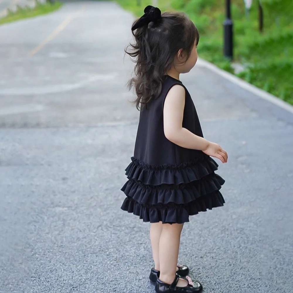 

Summer Girls Party Fashion Solid Color O-Neck Sleeveless Ruffle Princess Dress 1 Pc 2-7 Years Kids Sweet Cute Casual Clothes