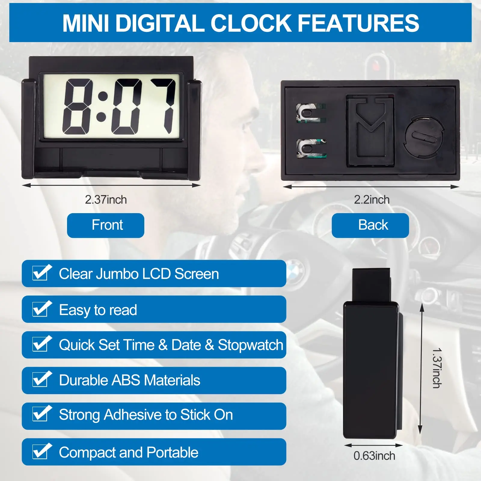 

Large Screen Mini Digital Clock Self-Adhesive & Placeable Universal Dashboard Clock for Car Motorcycle Truck and Bicycle