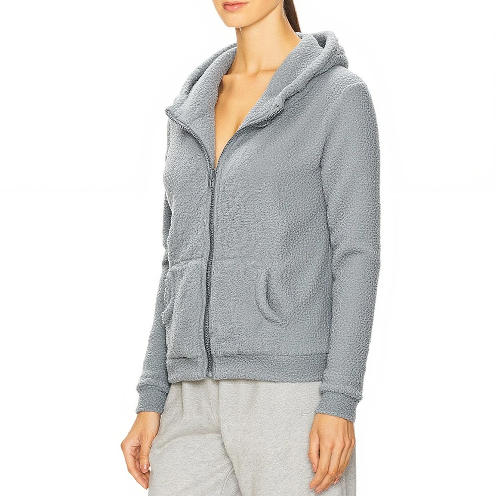 Dámská fleecová bunda s kapucí, podzim/zima 2025, ležérní, pohodlná, měkká, s imitací ovčí kůže, zip na přední straně, boční kapsy - náhled 6