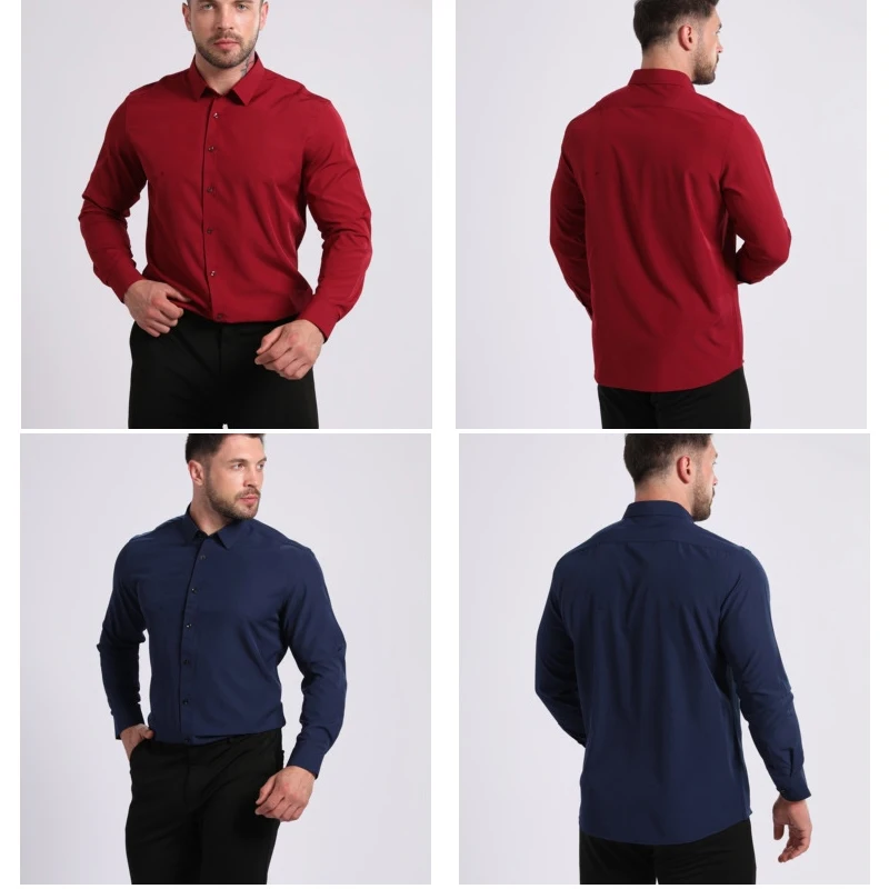 Men's Pure Color Long Sleeve Shirt European Size Elastic No Ironing Required Comfortable Fit Male Garment Casual Shirts for Men