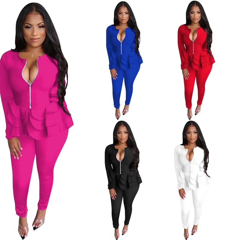 New Elegant Two Piece Set Women\'s Set Zipper Cascading Ruffles Short Jacket Coat and Pencil Pant Suits Sexy 2 Piece Club Outfits