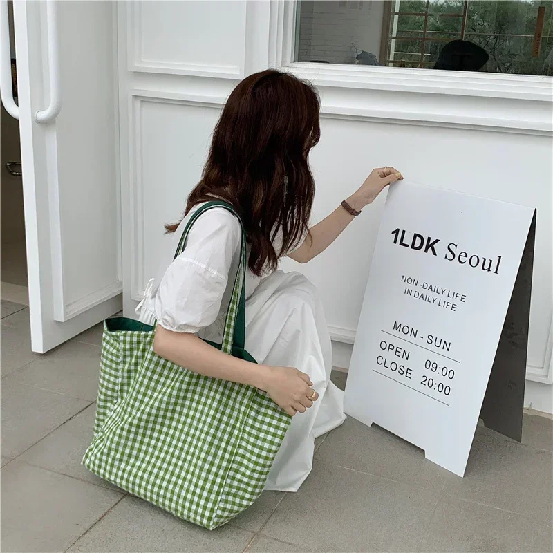 Women Canvas Shoulder Bags Plaid Double-side Large Capacity Handbags Female Shopping Portable Lazy All-match Foldable Tote Bag