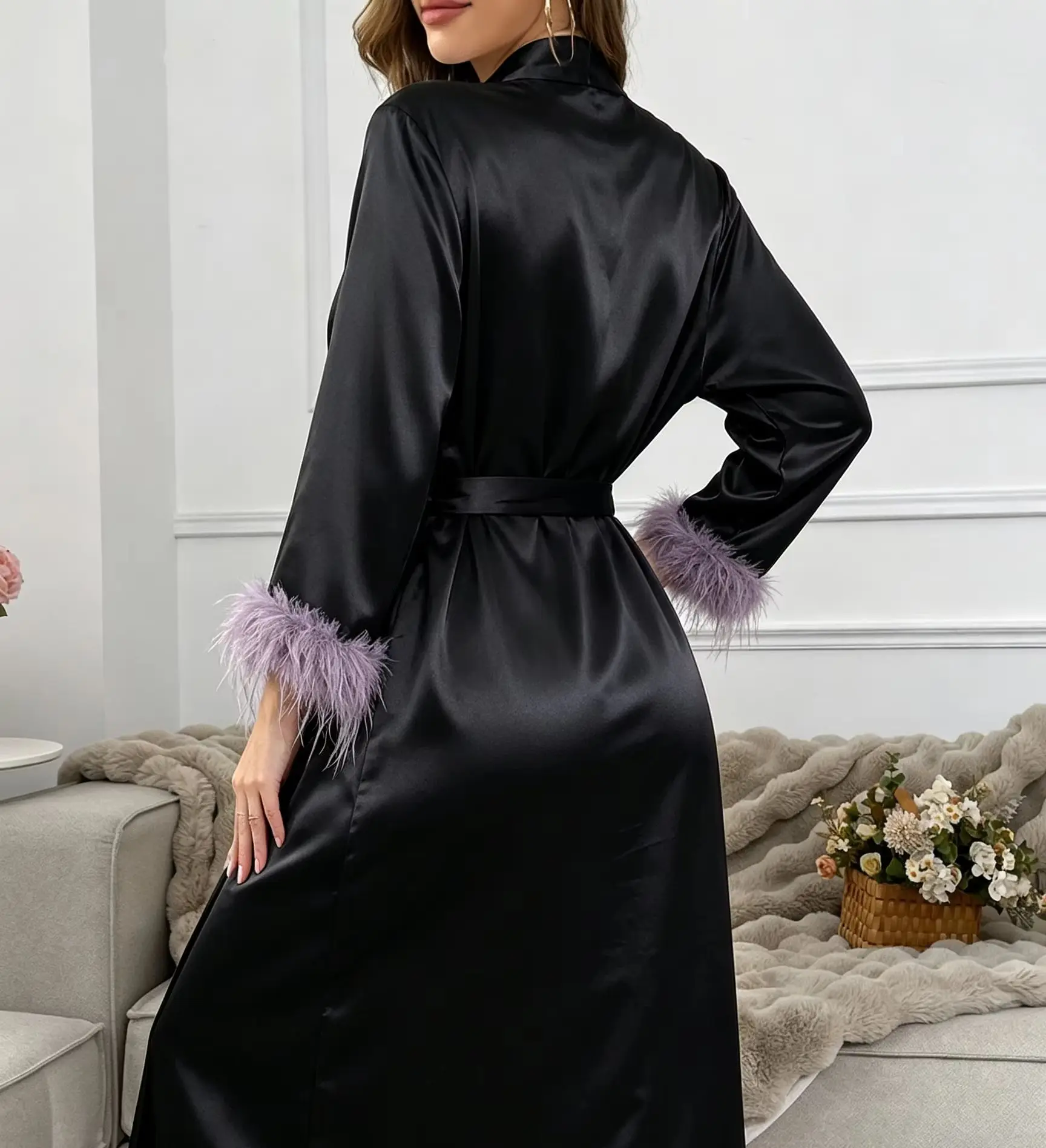 Women Black Satin Bathrobe with Built-in Bra Pads, Purple Faux Fur Cuffs, Silky Luxury Sleep Robe, Wearable at Home & Hotel