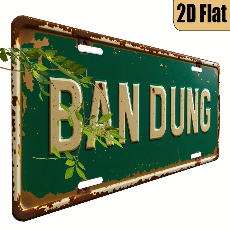 

2D плоская печать, винтажная состаренная табличка «BANDUNG» с рустикальным зеленым фоном и бежевым текстом, алюминиевая, в стиле номерного знака