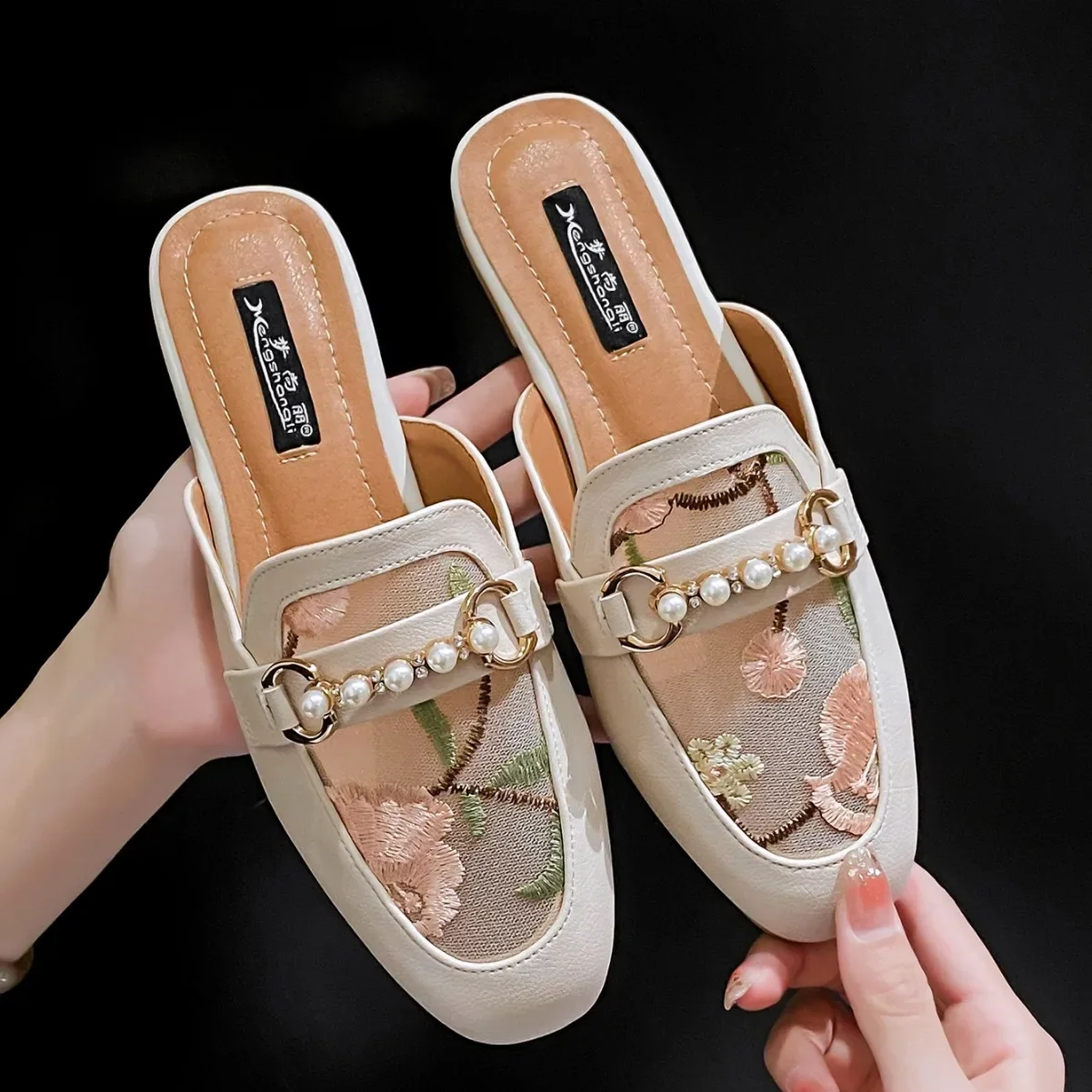 

Soft Leather British Style Lefu Half Slippers for Women's Summer Outwear New Breathable Headband Mesh Face Slippers Sneakers