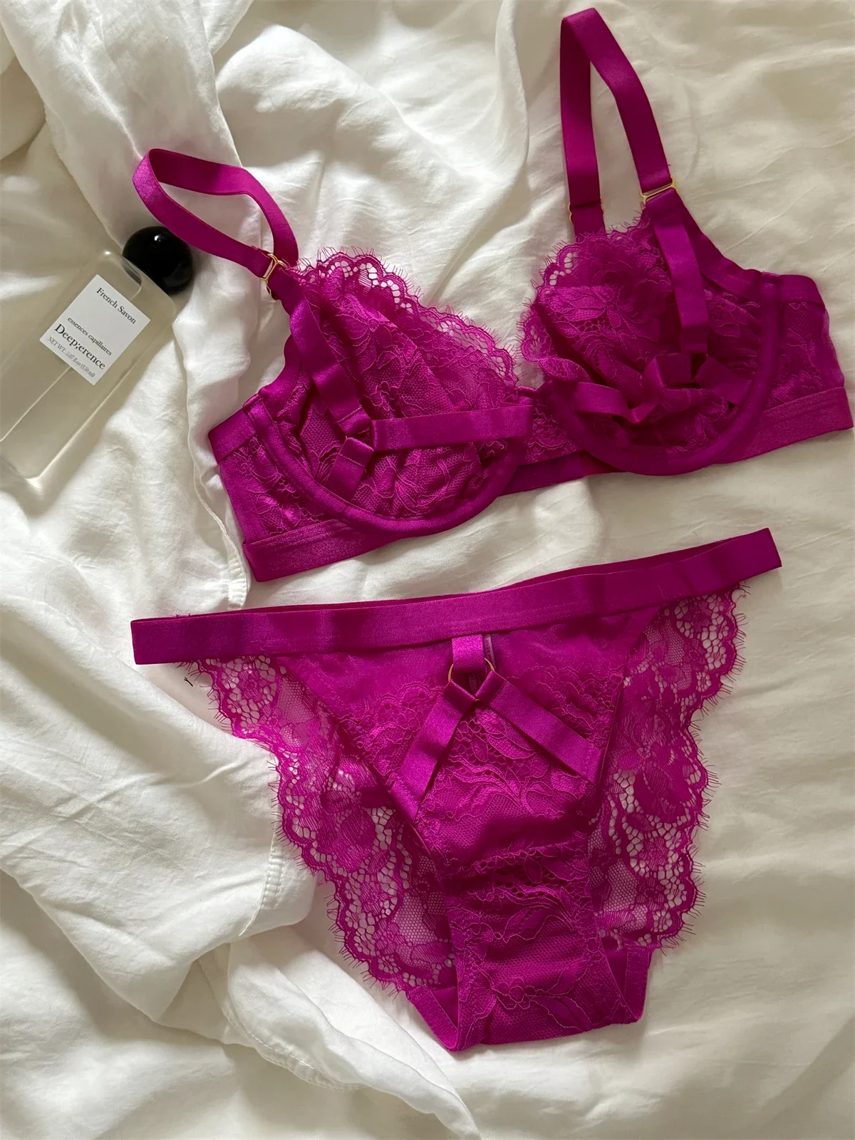 

Rose red sexy lingerie with underpants niche thin lace sexy upturned bra suit underwear female bras