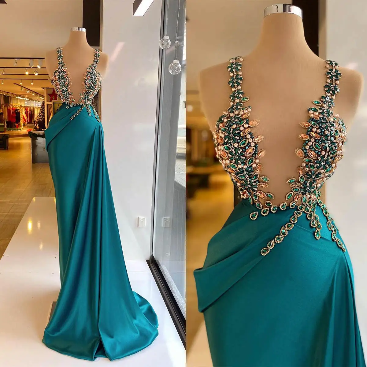 

Vintage Sheath Gown Prom Dresses Pleat Pearls Crystals Satin O-Neck Celebrity Party Evening Dresses Plus Size Custom Size Color