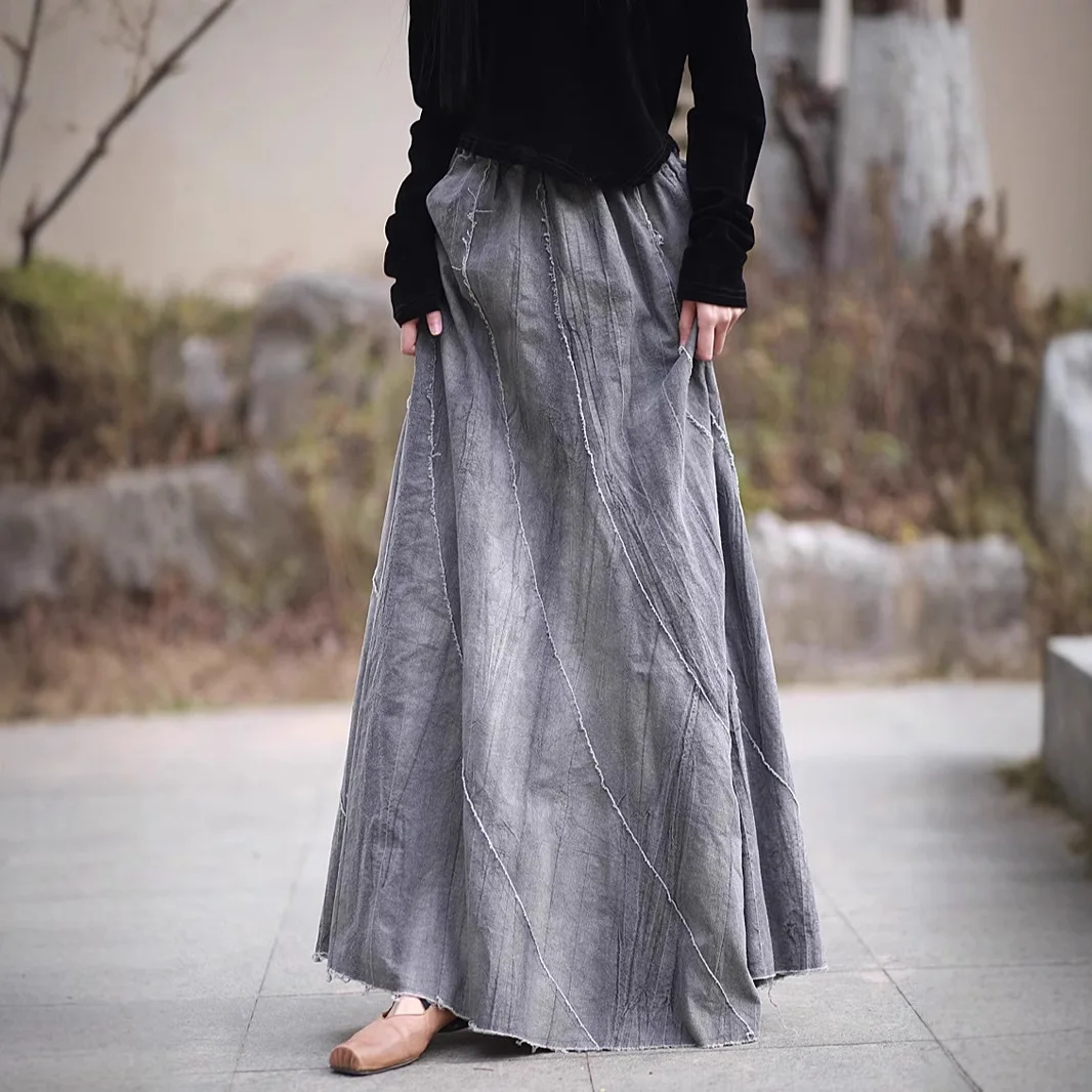 

Spring Original Cotton-Linen Sandwashed Tie-Dye Frayed Hem Patchwork Maxi Skirt Women Cool Breeze Half-Skirt Elastic High Waist