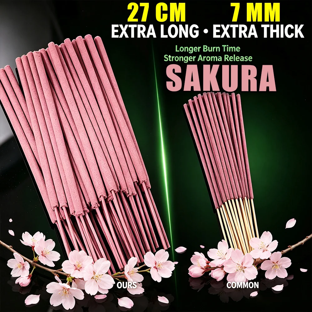 Extra-large cherry blossom scented incense sticks, 27cm long, 7mm thick bamboo sticks, handcrafted with cherry blossom essential oil and incense powder, offering a fresh and natural fragrance that lasts for 2 hours. Su