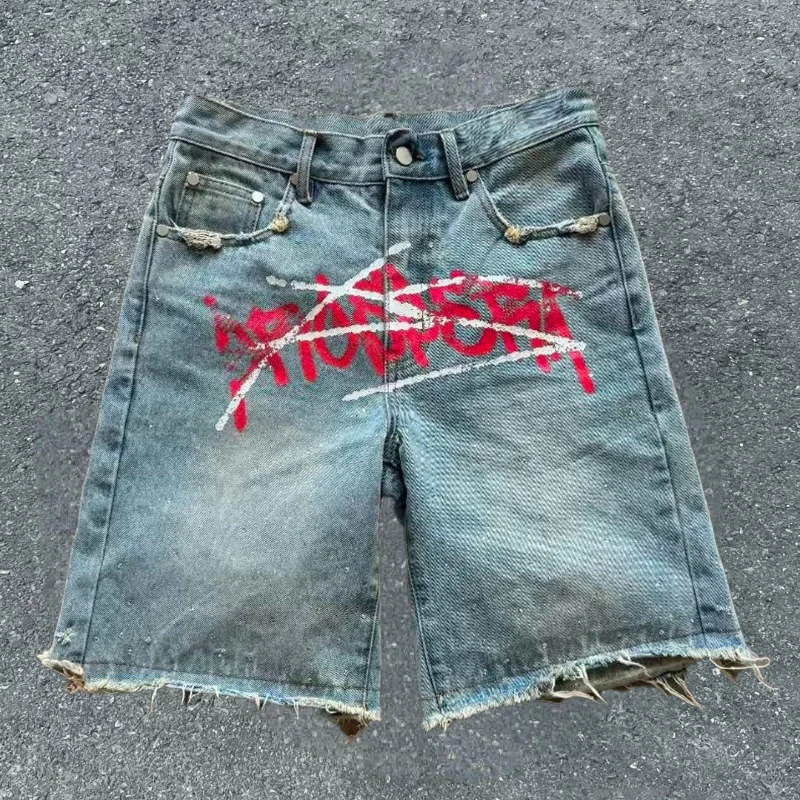 Y2k harajuku verão denim shorts impresso graffiti jorts estilo de rua gótico hip hop retro tendência streetwear das mulheres dos homens calças largas