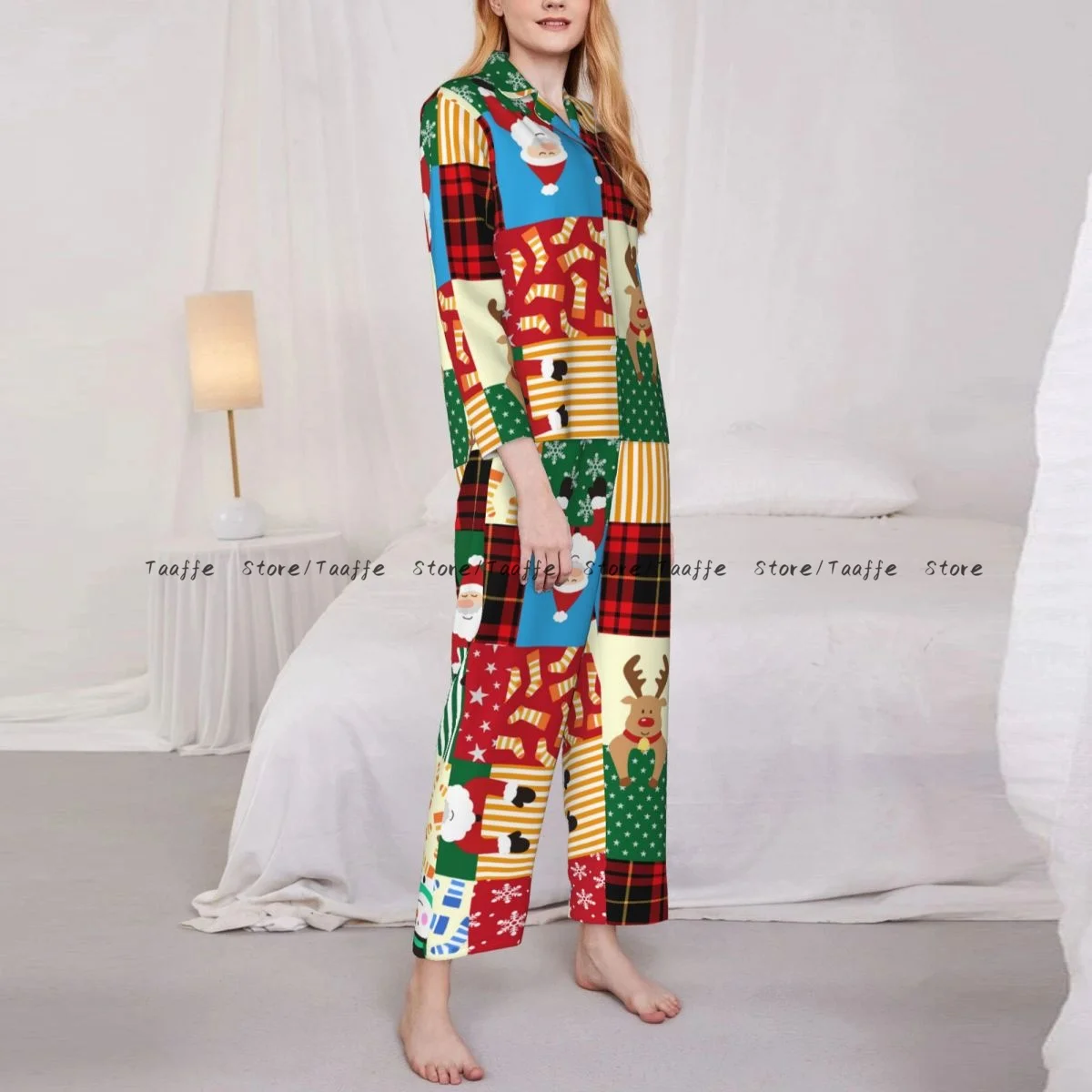 

Spring and Autumn Long Sleeve Pants Pajamas Loungewear Set Christmas Illustration Women's Pull Edge Loose Sleeping Suit