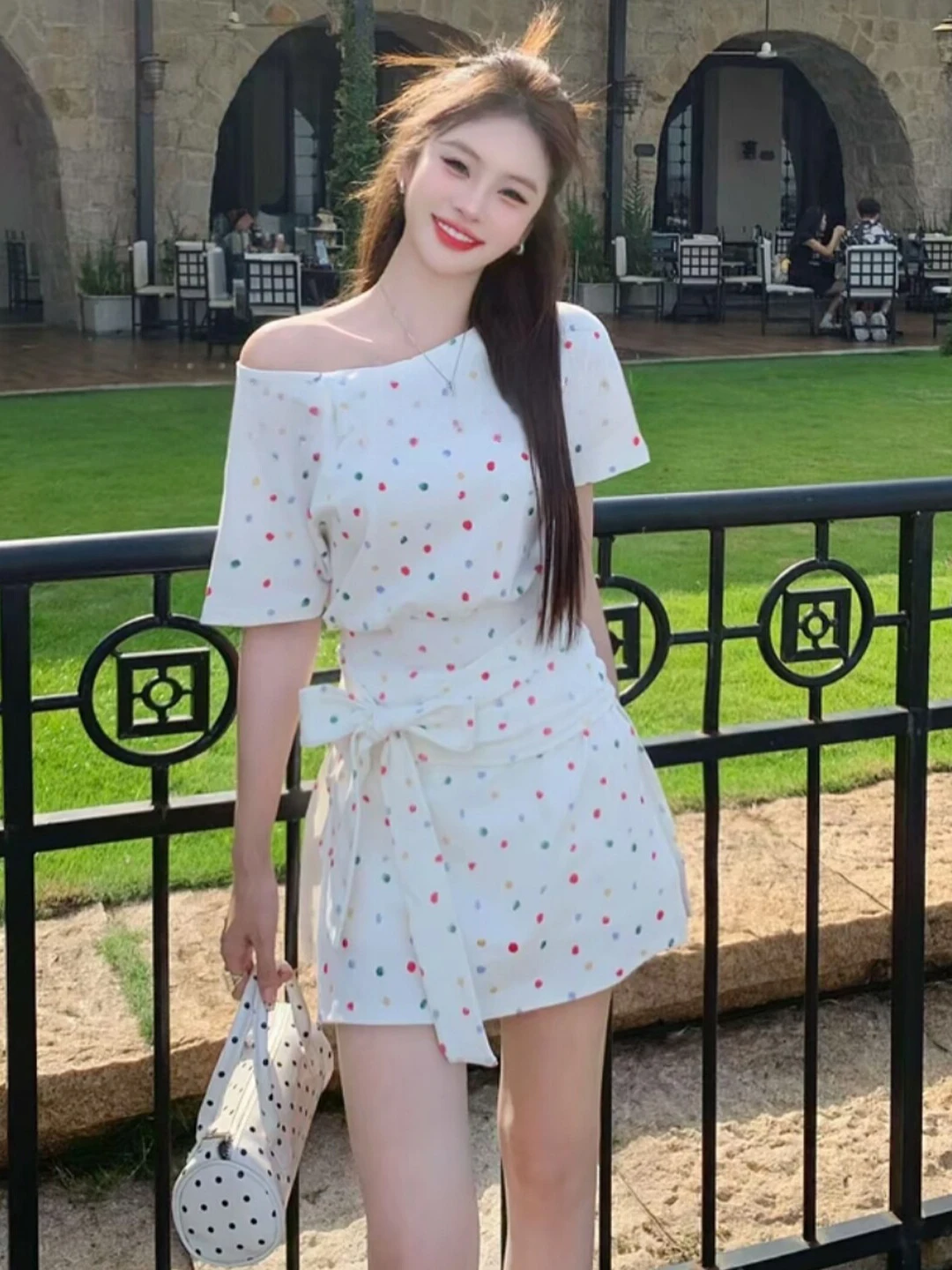 

Summer Fashion Checkered High Waist Short Sleeve Top And Split Skirt Two Piece Set Women's Breathable round Dot Pattern Outfit